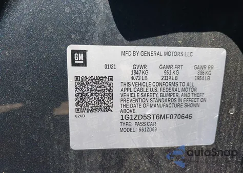 2021 Chevrolet Malibu Lt z USA, uszkodzony, nr VIN 1G1ZD5ST6MF070646